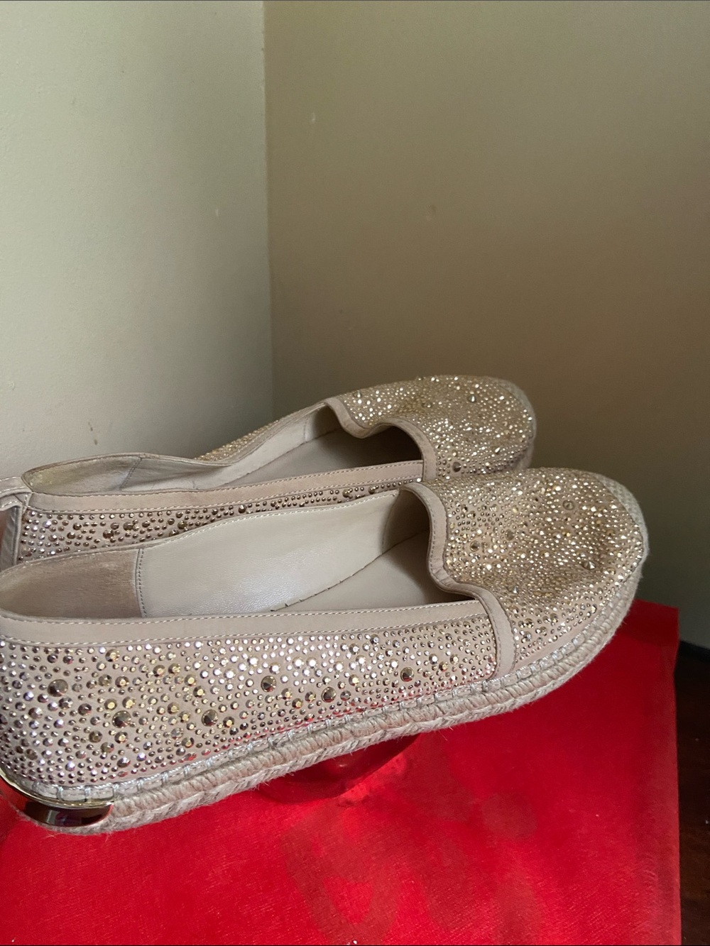 Stuart Weitzman Beige with gold Crystal Embellished Women's Espadrille Slip-Ons - Picture 5 of 5
